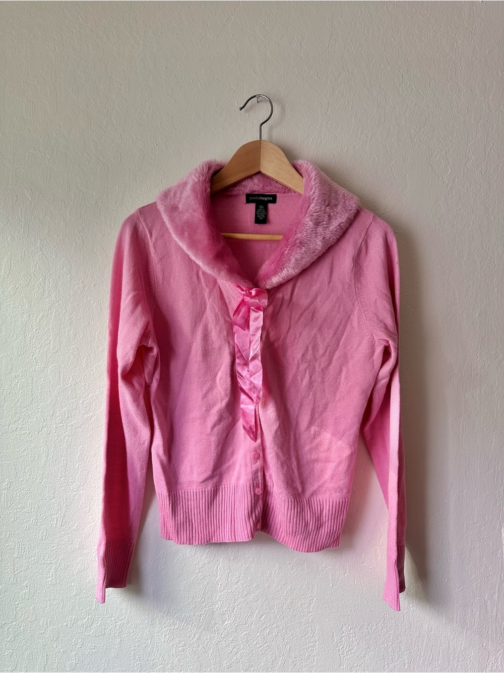 Y2k aesthetic pink cardigan faux fur collar satin bow ribbon women’s medium
